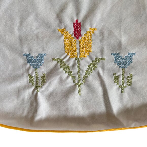 Hand-Embroidered Rooster Floral Tablecloth Patio Table Bonjour 58” Round White - Picture 8 of 12